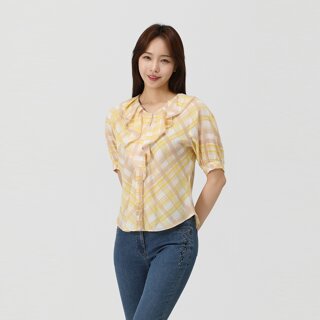 [PAT] 프리미엄 체크 코튼 프릴 블라우스_MK42502