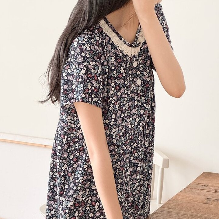 레이온 플로라 레이스 여성 반팔 잠옷 원피스