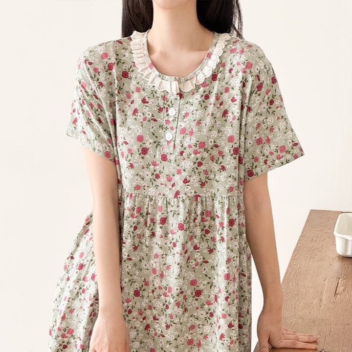 레이온 플로라 레이스 여성 반팔 잠옷 원피스