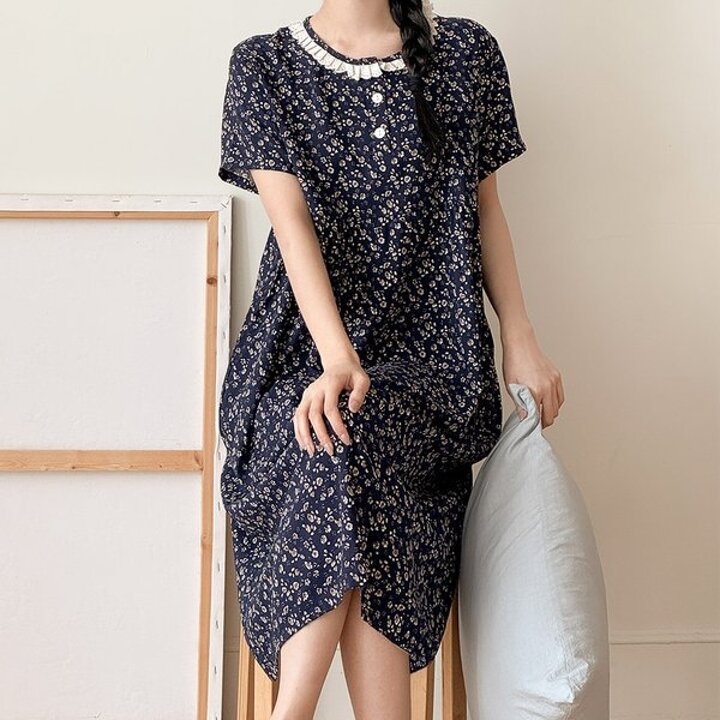 레이온 플로라 레이스 여성 반팔 잠옷 원피스