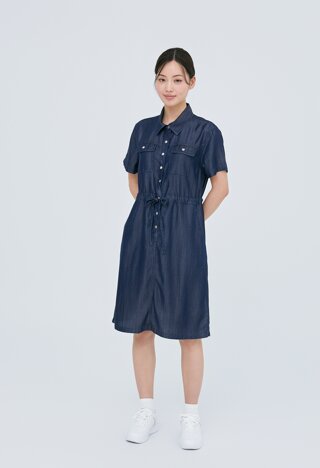 여성) 빈티지 저온스 난스판 허리스트링 바이오워싱 반팔데님원피스 AP2DDE473-VN