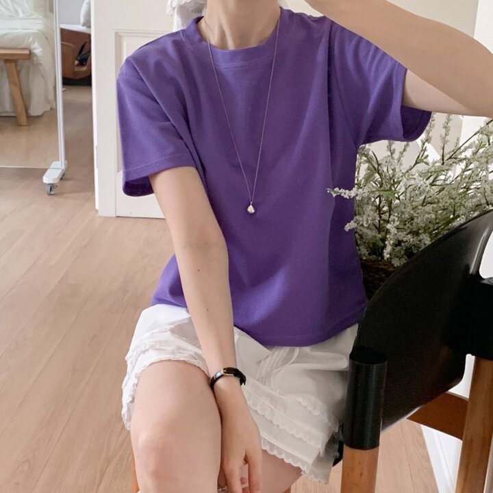 [옷자락] 여자 라운드 보라상의 세미크롭 플레인 반팔 티셔츠