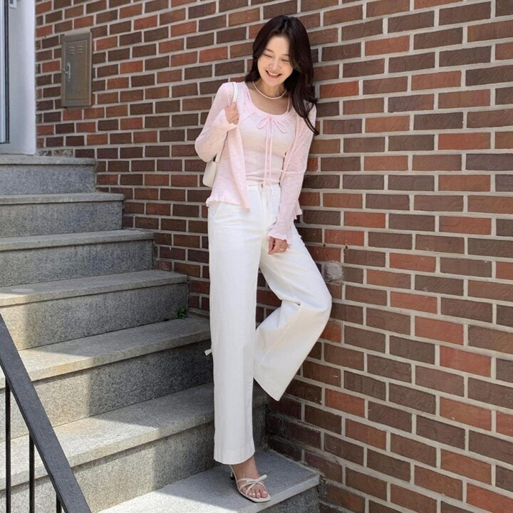 [옷자락] 여성 데일리 아이보리 스판 일자 뒷밴딩 면바지
