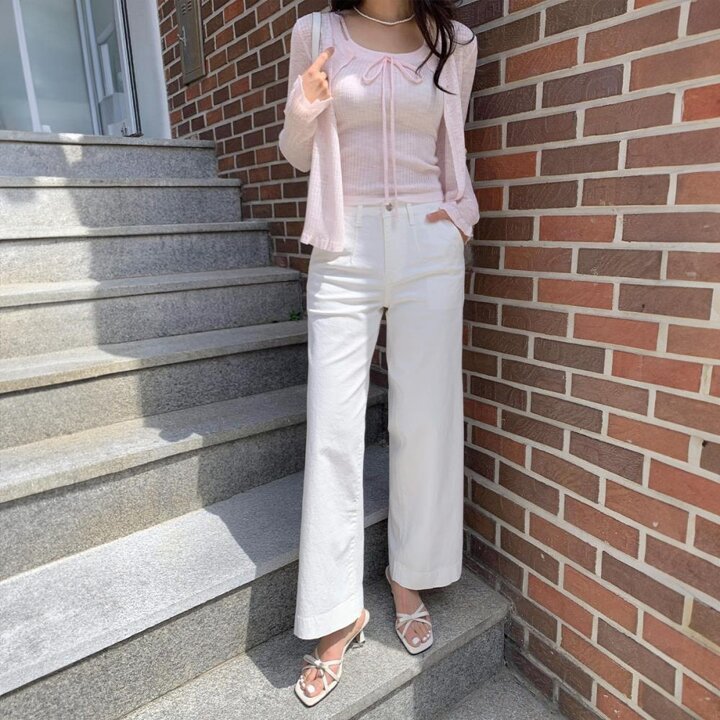[옷자락] 여성 데일리 아이보리 스판 일자 뒷밴딩 면바지