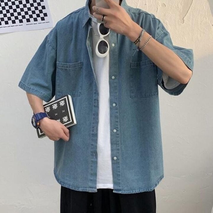남자청남방찐캐주얼셔츠반팔남방오버핏진청
