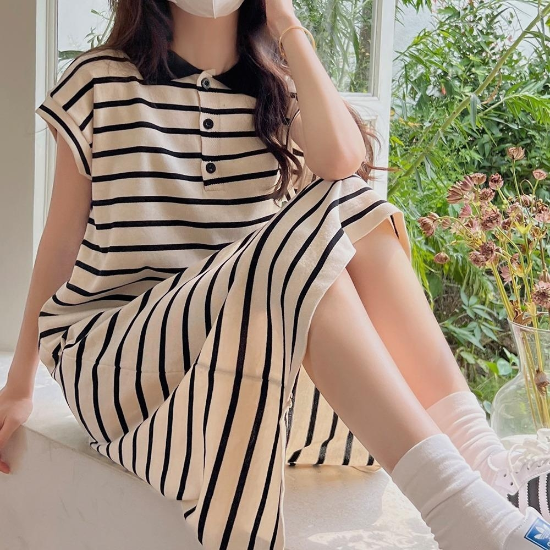 [옷자락] 여자 봄 캐주얼 배색 반버튼 스트라이프 반팔 원피스