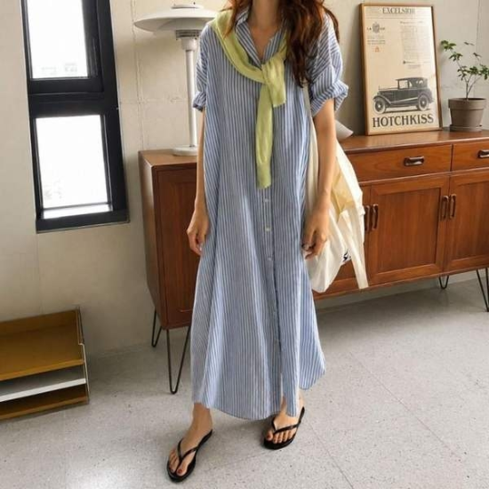 스트라이프 셔츠 카라원피스 루즈핏 롱원피스 롱원피스