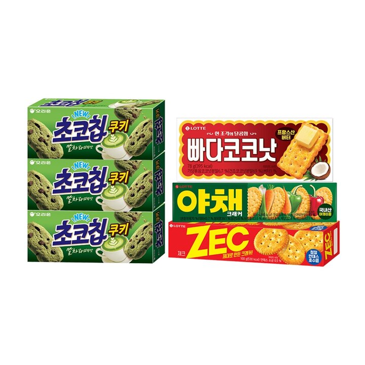 초코칩쿠키 말차라떼 104g x3 + 빠다코코넛+제크+야채크래커