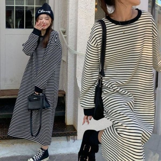 레이디스 동절기 사계절 원형넥 세로줄 롱슬리브원피스룩