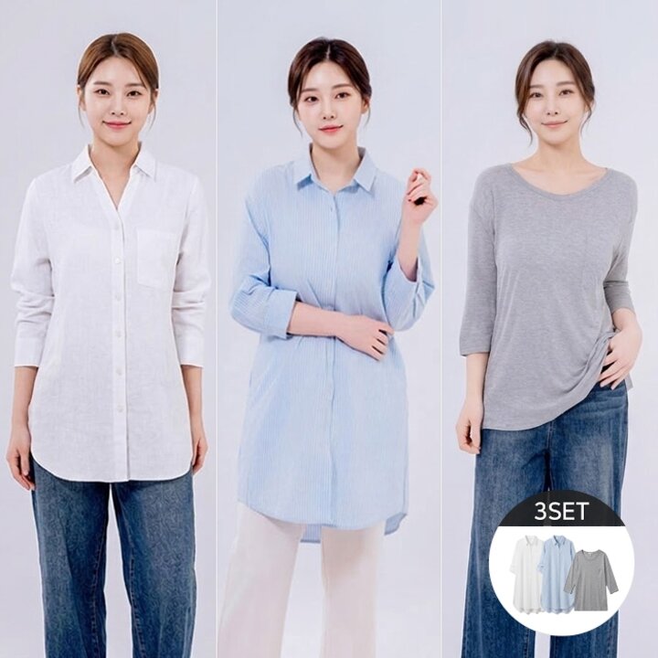 [엘루아][3종세트]루즈핏 린넨 롱셔츠 2종 + 베이직 티셔츠 1종
