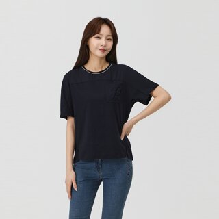 [PAT] 포켓 자수 쉬폰 배색 티셔츠_1K45306