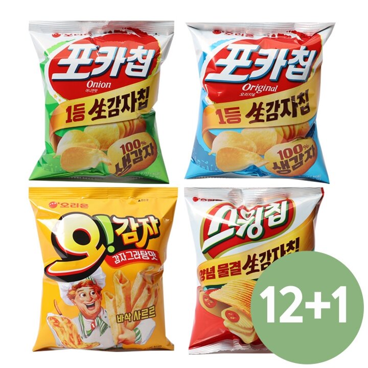 오리온 인기과자 기획팩 12봉 +1 증정(포카칩 2종, 스윙칩, 오감자)
