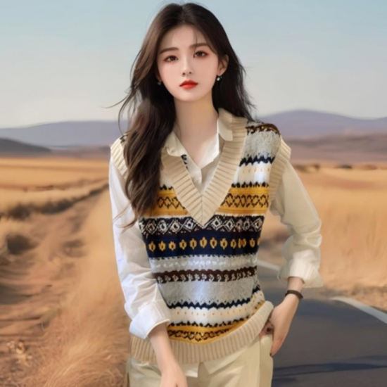 여자 V넥 패턴 스웨터 노르딕 스노우 환절기 베스트