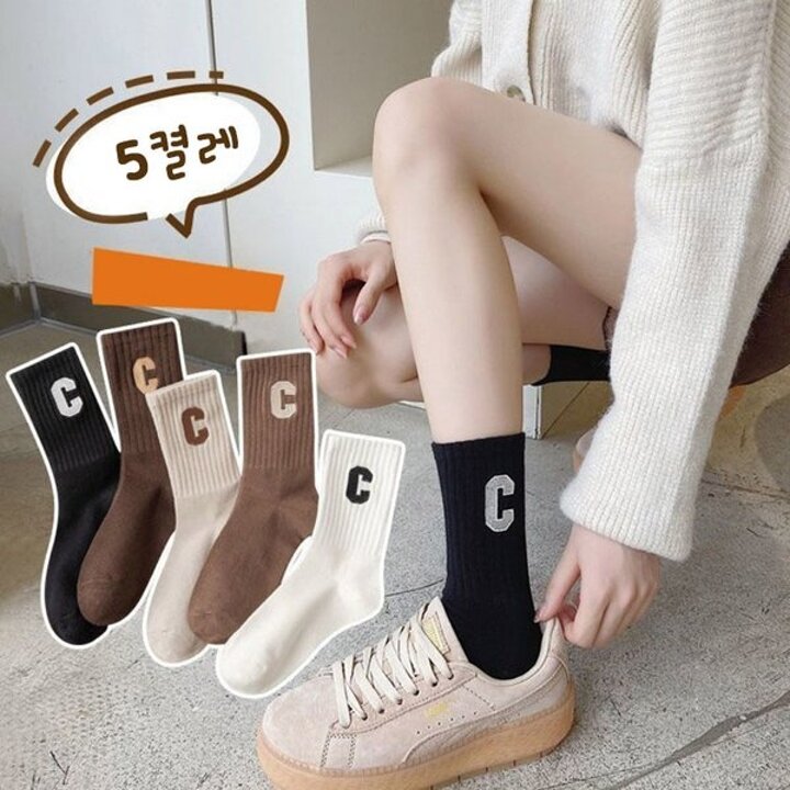 LN C레터링 여성 중목양말 5켤레 세트 학생 패션