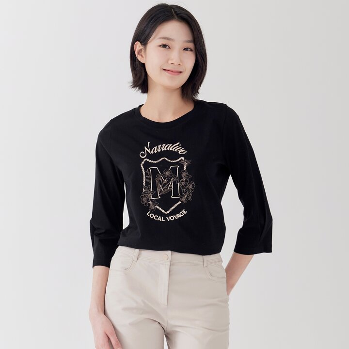 [지센] (3컬러) 면실켓 원포인트 라운드 7부 티셔츠 LCTSP323