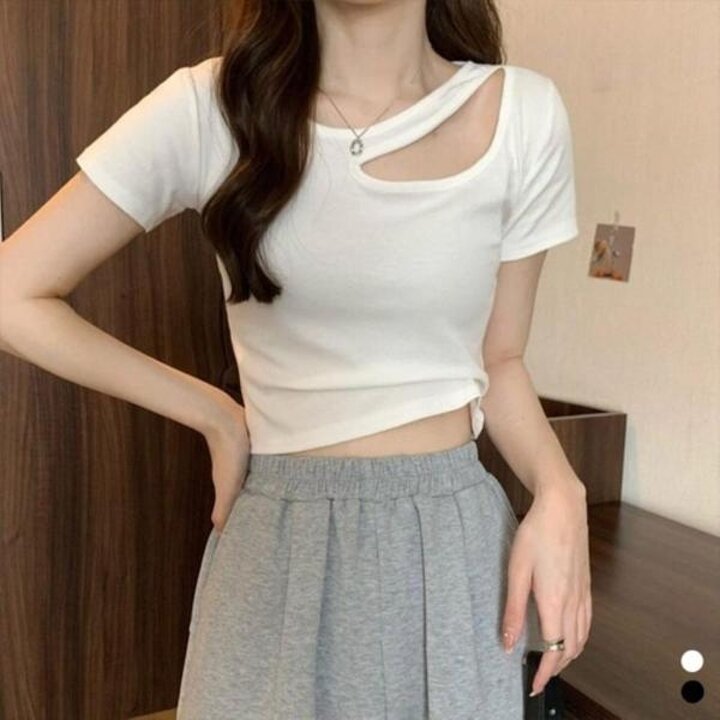 [1 + 1] 여자 스트랩 키치룩 세미크롭 반소매 티셔츠