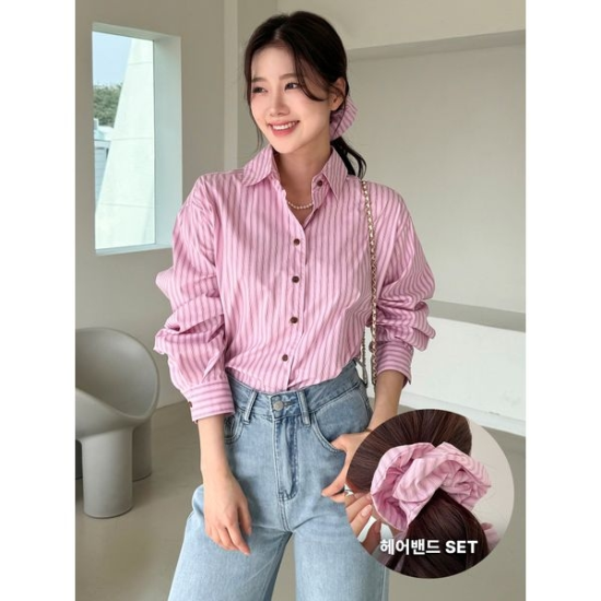 A4122_174K [하프클럽/모리스커밍홈]스트라이프 헤어밴드 셔츠 세트 M2504SE604B