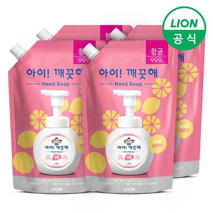 아이깨끗해 핸드워시 리프레쉬 레몬향 600ml 대용량 리필 4개(파우치형)