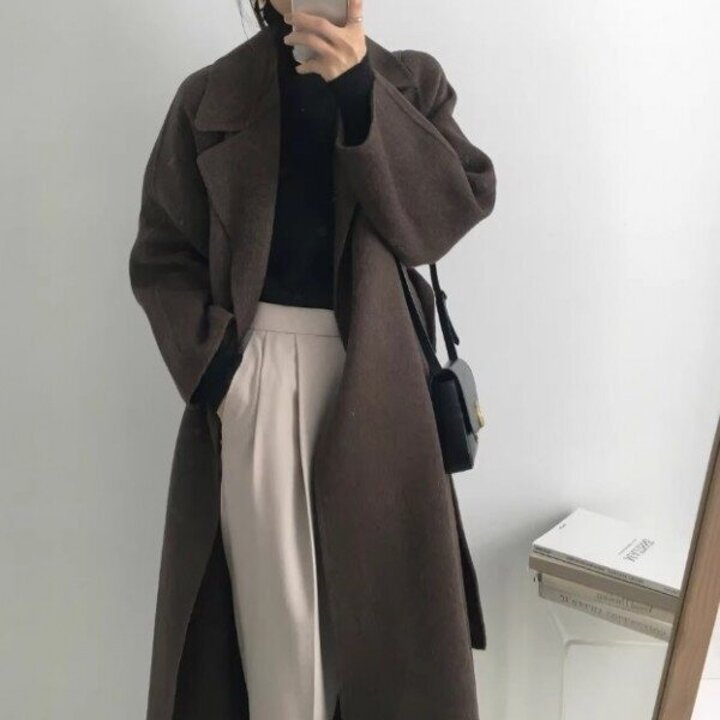 LMO 모직 우먼 솔리드 윈터 베스트 겨울철클래식한 패턴 넥카라 허리끈 걸스 모직 롱코트 무드 트렌드