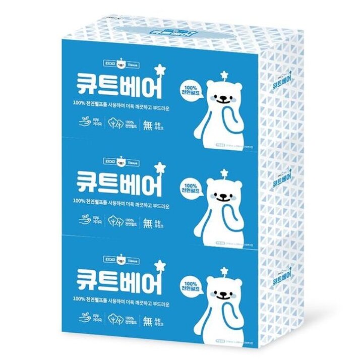 엑소 큐트베어 천연펄프 미용티슈 각티슈 250매 3개 화장지 휴지..