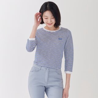 [지센] (3컬러) 에센셜 스트라이프 자수 스몰포인트 라운드 7부 티셔츠 LCTSP371