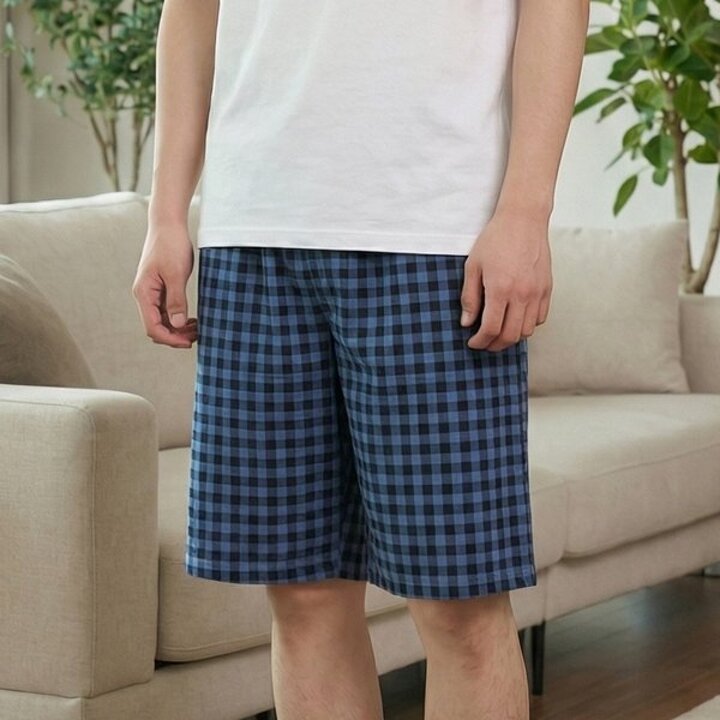 미미캐츠 고슬고슬한 촉감 남성 여성 깅엄 체크 5부 주머니 반바지 파자마 잠옷 바지 P-1015