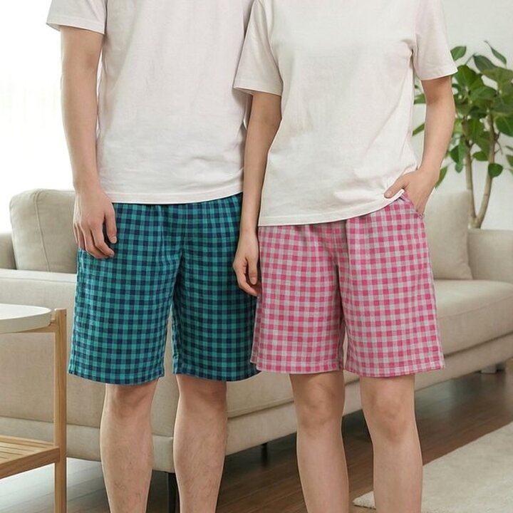 미미캐츠 고슬고슬한 촉감 남성 여성 깅엄 체크 5부 주머니 반바지 파자마 잠옷 바지 P-1015