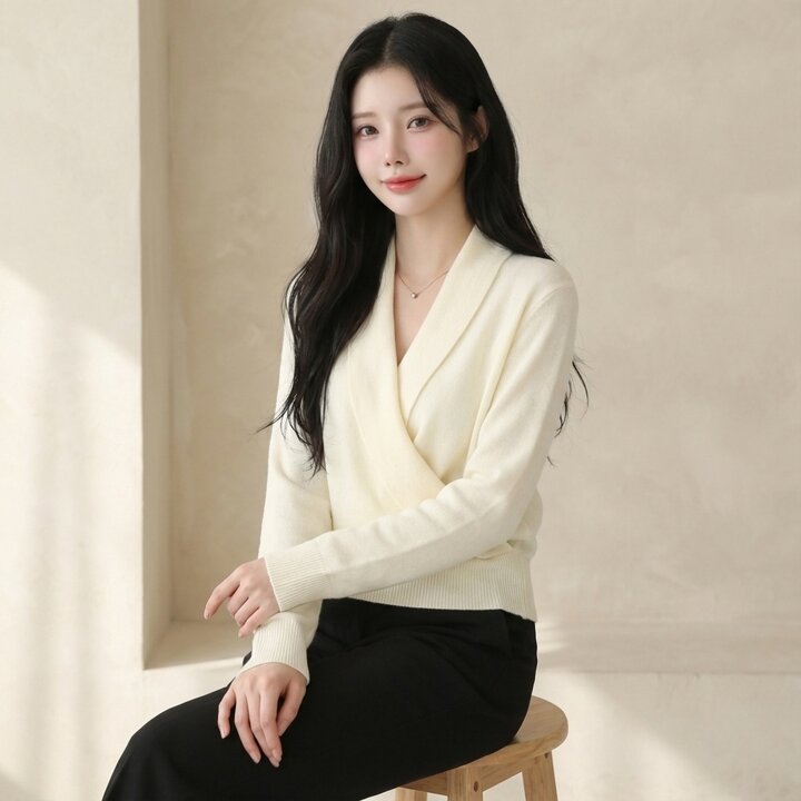 [옷자락] 여자 여리핏 루즈핏 랩 브이넥 울혼방 니트 스웨터