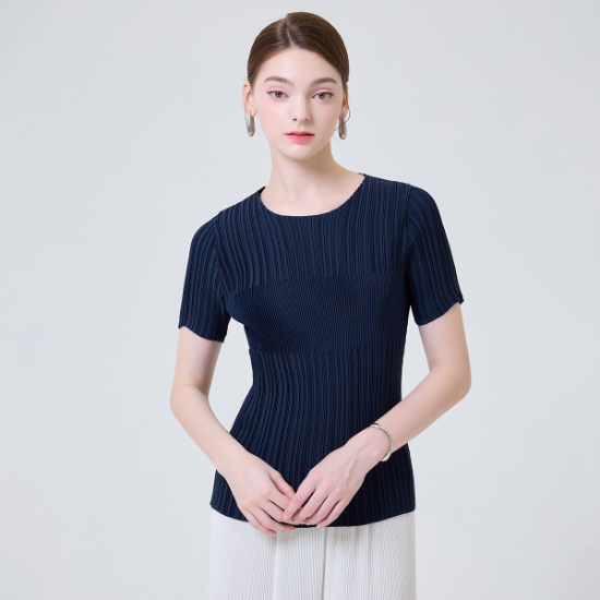 포인트 플리츠 라운드 반팔 베이직 블라우스YI05WQPBL02