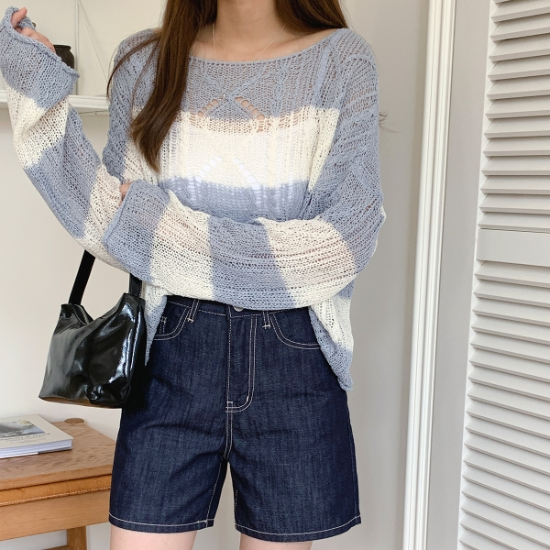 네쥬 여성 여름 루즈핏 단가라 펀칭 긴팔 그물 니트