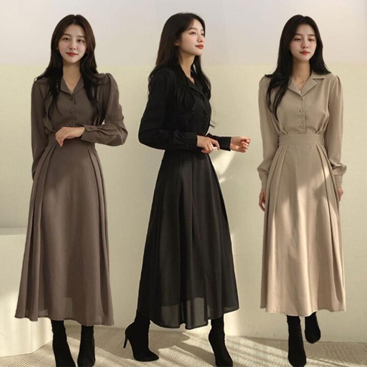 [옷자락] 여자 찰랑핏 하객룩 정장 카라 라인 플레어 롱원피스