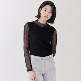 [지센] (2컬러) 주름 레이스 긴팔 티셔츠 LFTSP301