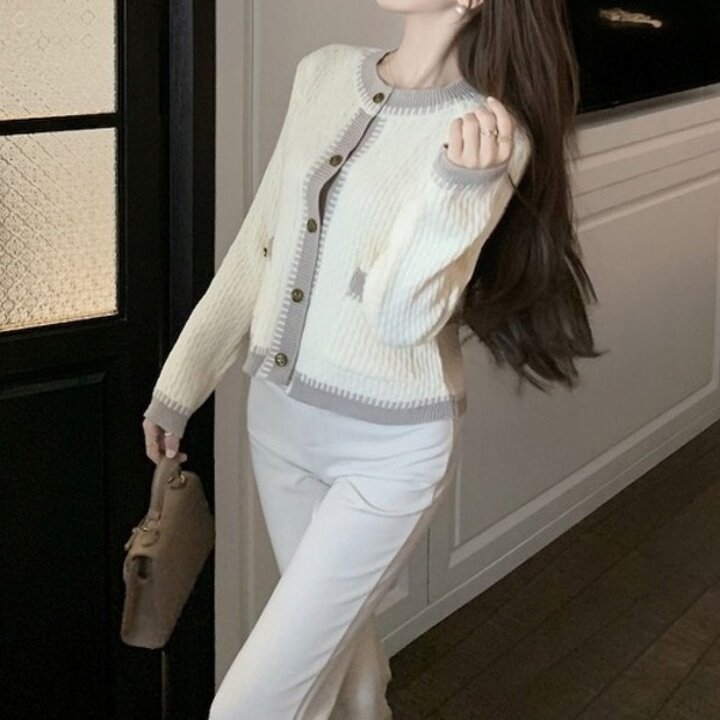 부띠끄 여성 케이블 세미크롭 배색 가디건 크림19792948667501