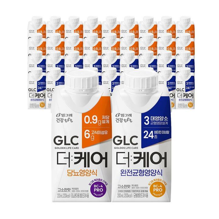 빙그레 GLC 더케어 200ml 당뇨 영양식 18팩 + 완전균형식 18팩 (총 36팩)