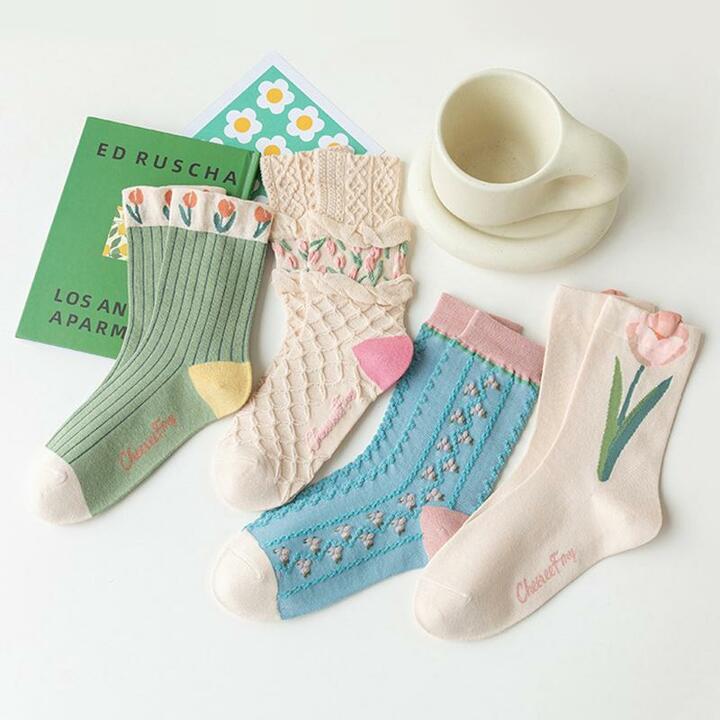 [4+4] 튤립 꽃자수 플라워 여성양말 (총 8켤레세트)