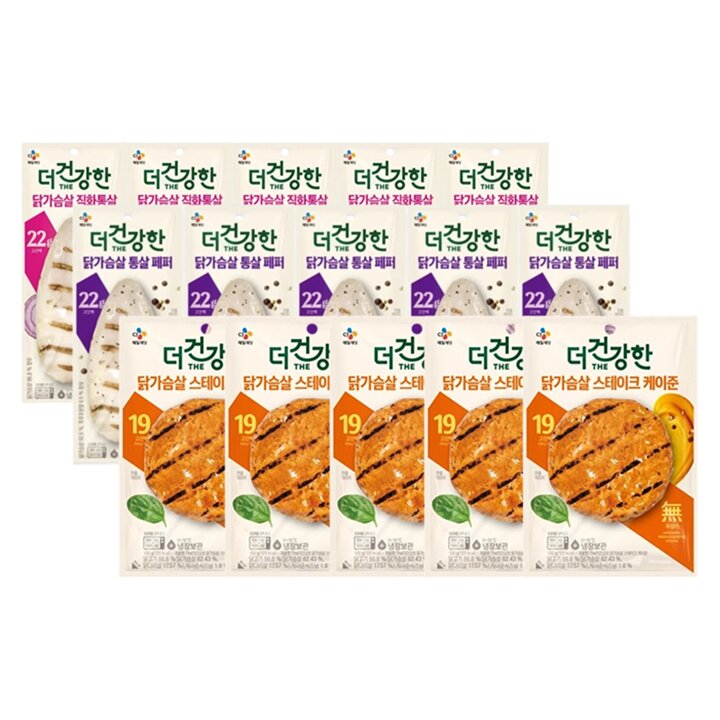 CJ제일제당 더건강한 닭가슴살 직화 통살구이 100g x5개 + 통살 페퍼 100g x5개 + 스테이크 케이준 100g x5개