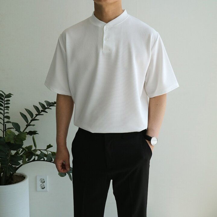 여름 정장이너 남자 헨리넥 반팔 루즈핏 절개티셔츠
