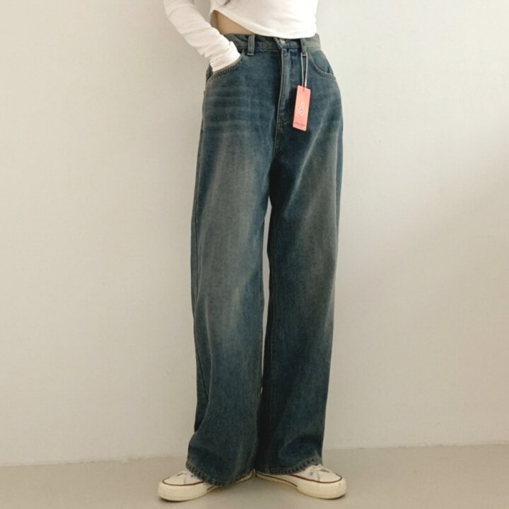 문에이블 여자 여성 겨울 벨벳 융기모 리얼 와이드 핏 기모 청바지 데님 팬츠