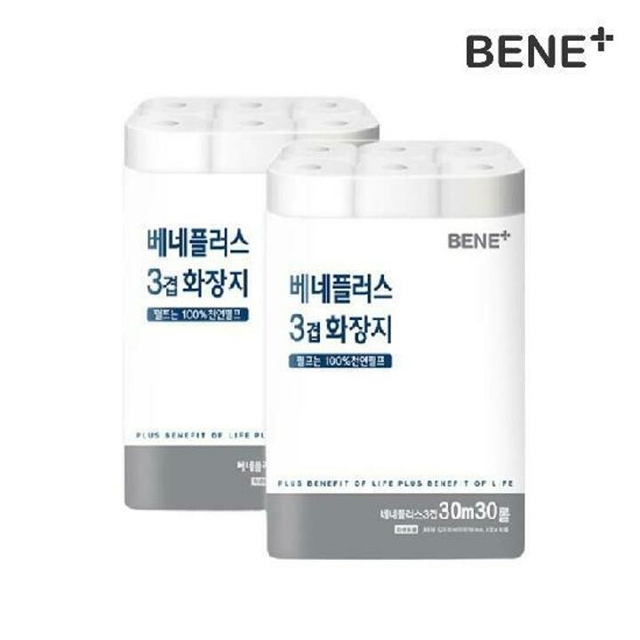 [내일도착]베네플러스 3겹 화장지 30m 30롤 1팩+1팩(총60롤 천연펄프)