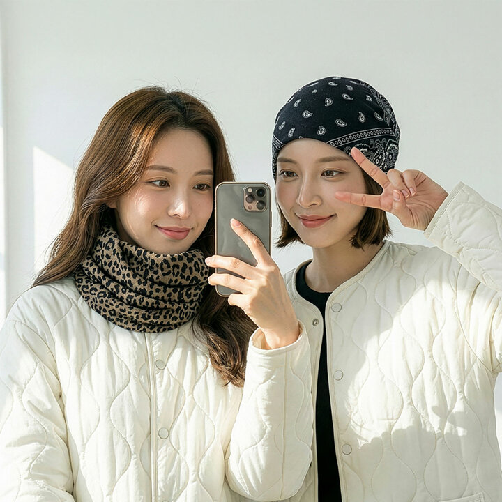 [3+3] 엘레강트 패턴 넥워머 목토시 헤어두건 머플러 (총 6P)