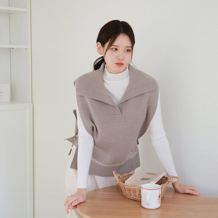 [최초가 99,000원][르포엠]메리노울100 헤리티지 카라 니트 베스트