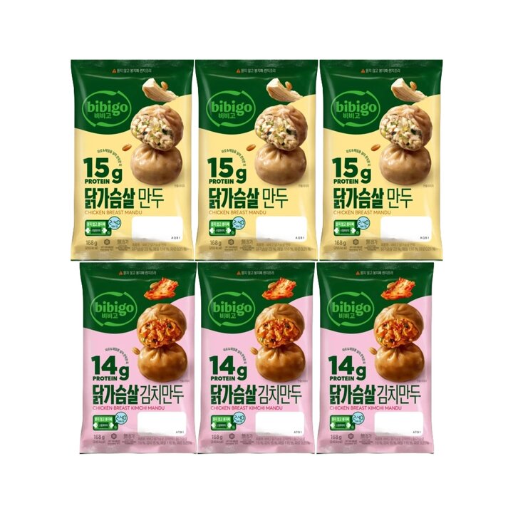 CJ제일제당 비비고 닭가슴살 만두 168g x3개 + 닭가슴살 김치만두 168g x3개