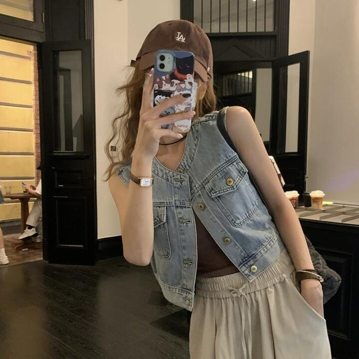 [프리티글라라]크롭청데님조끼베스트여성