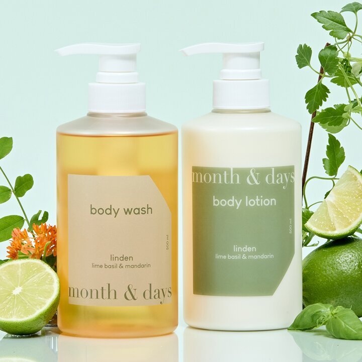 [바디SET] 먼스앤데이즈 퍼퓸케어 린든 바디패키지 라임 앤 바질 만다린 (바디워시 500ml + 바디로션 500ml)