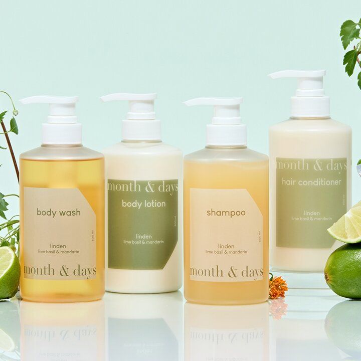 [4SET] 먼스앤데이즈 퍼퓸케어 린든 풀패키지 라임 앤 바질 만다린 (샴푸 500ml + 컨디셔너 500ml + 바디워시 500ml + 컨디셔너 500ml)