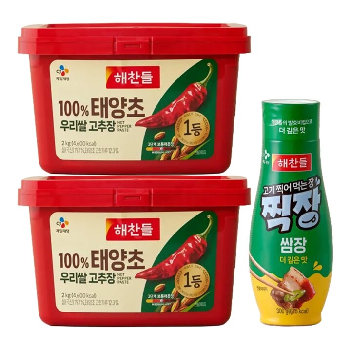 CJ제일제당 해찬들 100프로 태양초 우리쌀 고추장 2kg x2개 + (증정) 찍장쌈장 300g x1개