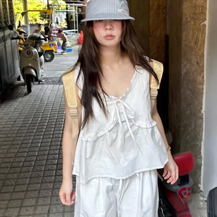여성 썸머 레이스 프릴 나시 블라우스
