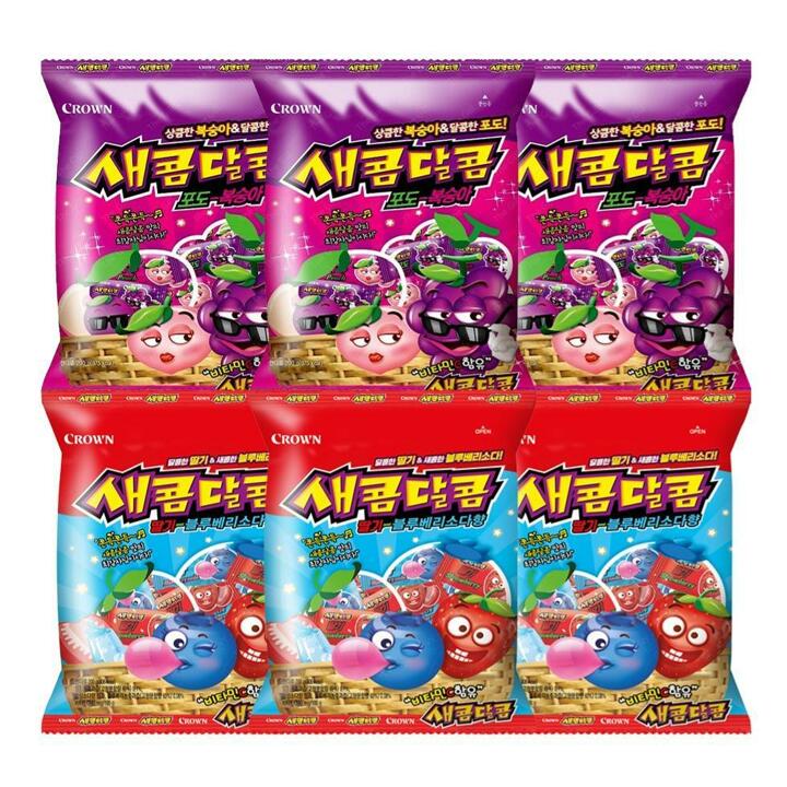 [G] 크라운 새콤달콤 200g 혼합 6봉 (포도 복숭아 3+딸기블루베리소다 3)