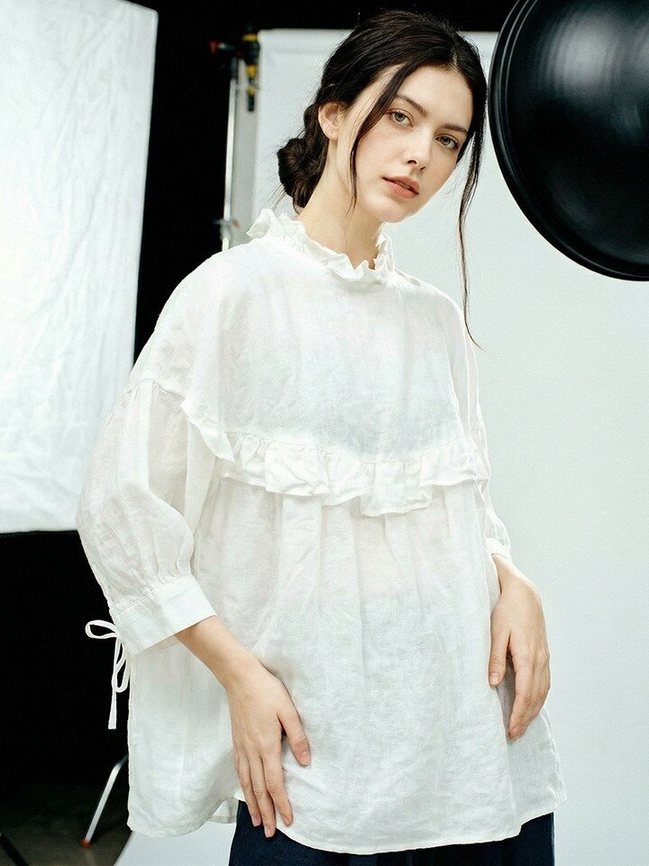 러플넥 루즈핏 면린넨 블라우스