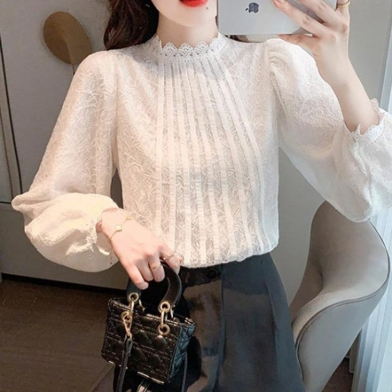 여성 가을 겨울 레이스 셔링 긴팔 블라우스